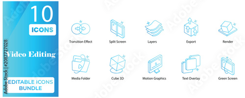 Video Editing Editable Icons Bundle –  Modern Line Style Multimedia and Post Production Icons