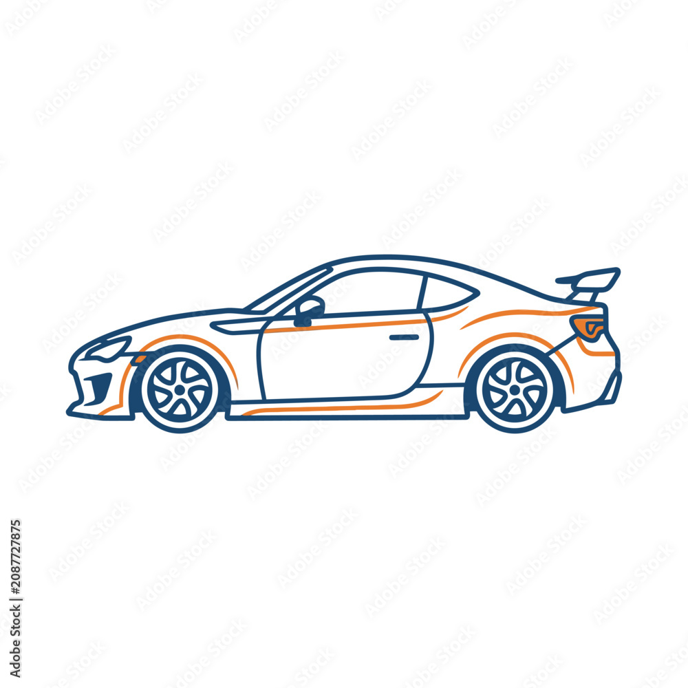 Obraz premium Minimalist luxury electric coupe silhouette with ultra clean blue outline and orange accents, modern automotive logo illustration