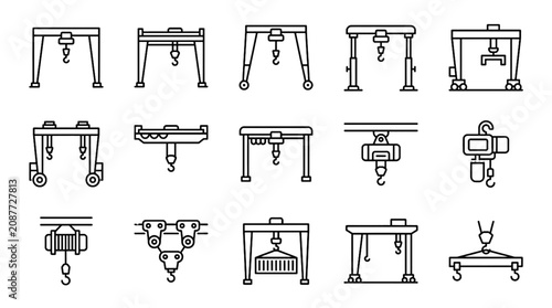 Gantry Crane Vector Icon Set Featuring Overhead Hoists Bridge Cranes Industrial Lifting Equipment and Heavy Machinery Symbols