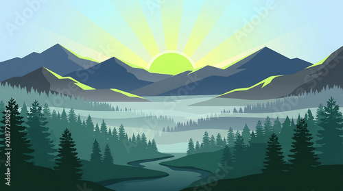 Sunrise over foggy mountain valley with golden light Generative AI