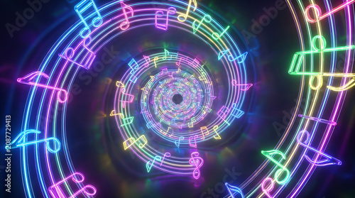Colorful musical notes swirling in neon spiral pattern Generative AI
