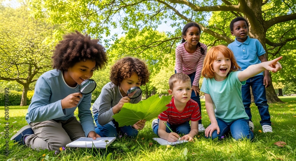 Fototapeta premium Diverse Group of Happy Children Exploring Nature with Magnifying Glass and Notebooks in a Sunny Park.
