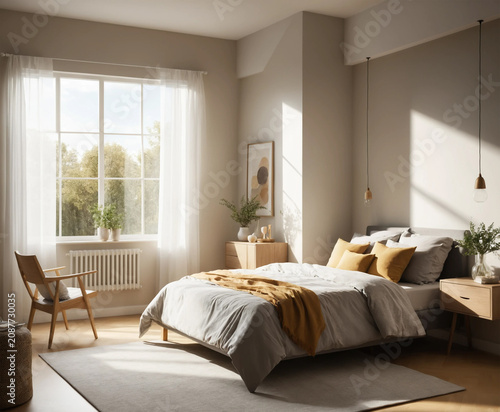Bedroom view, sunlight streaming through the window.