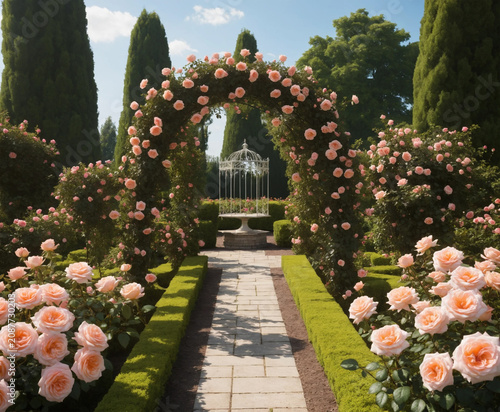 A view of a rose garden, beautiful and in full bloom.