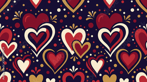 Seamless hearts and dots pattern on indigo background Generative AI