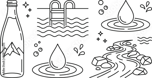 Photos Water and nature line art icon set featuring mineral water bottle swimming pool