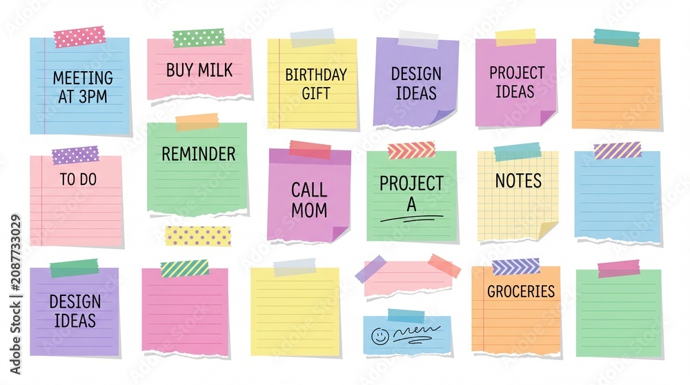 Naklejka premium Colorful sticky notes with handwritten reminders and tape