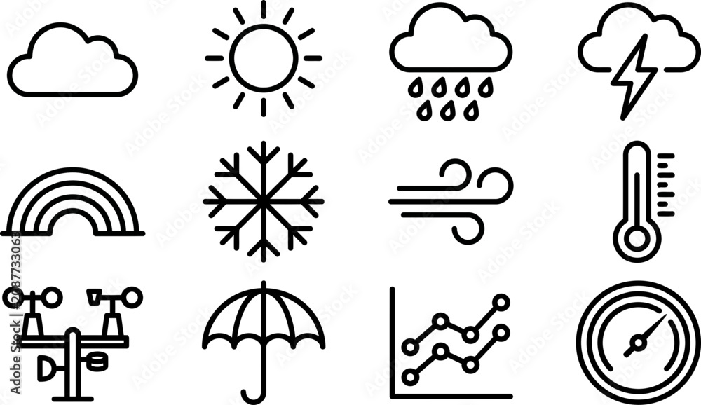 Naklejka premium Set of minimalist weather and meteorology outline icons.