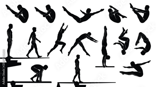 Detailed vector illustration set featuring various silhouettes of male athletes performing professional high board dives