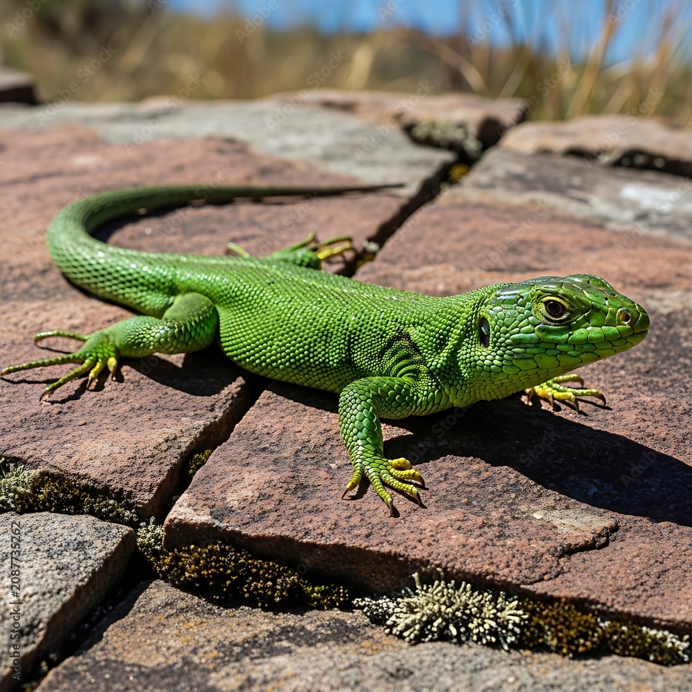 Fototapeta premium Close-up of green iguana on fallen log in forest.
