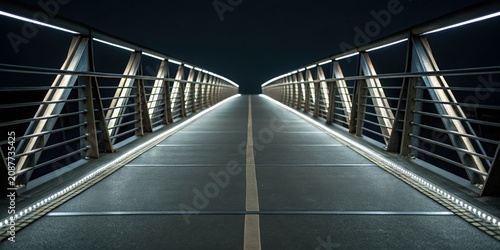 Futuristic illuminated pedestrian bridge at night with metal railings.
