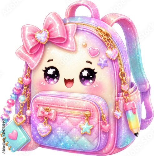 A pink glitter backpack with a large bow and cute cartoon face design