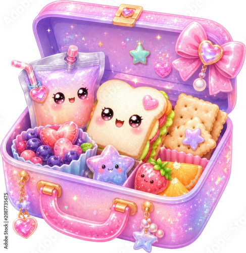 A pink glittery lunchbox filled with cute cartoon food items and decorations