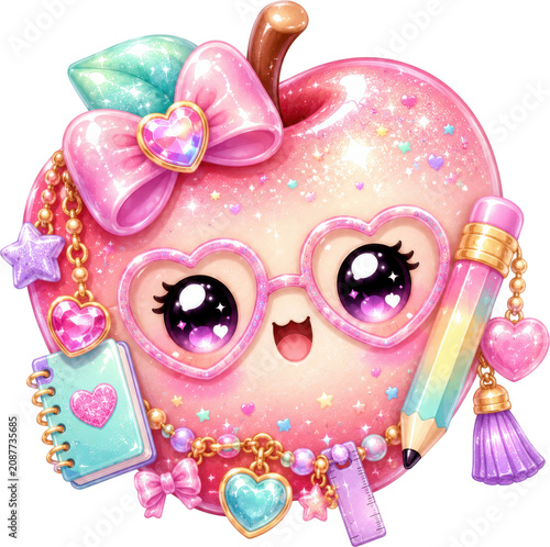 A pink apple glittery character wearing heart shaped glasses and holding school supplies