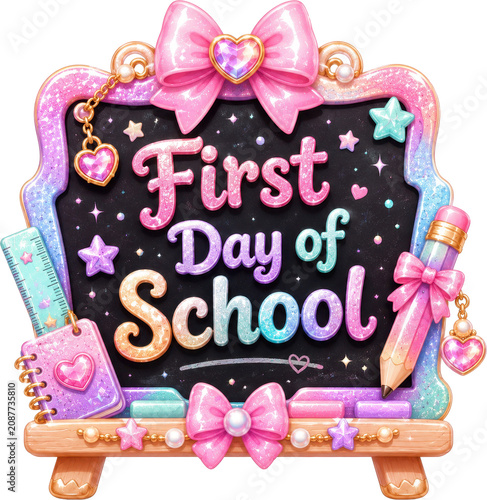 First Day of School sign decorated with glitter  bows  and school supplies on a chalkboard