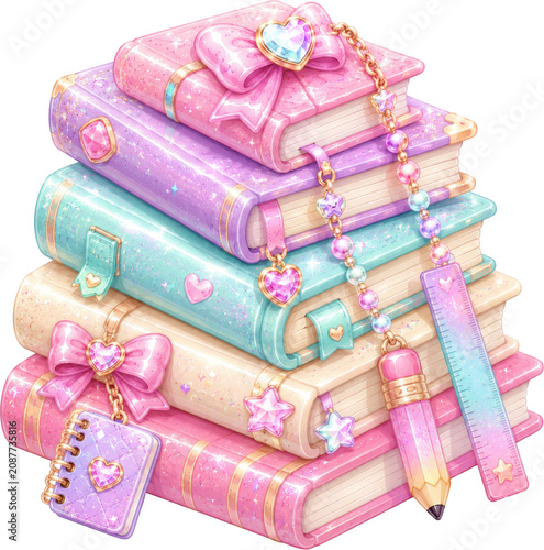 Stack of colorful glittery books decorated with bows and gemstone charms