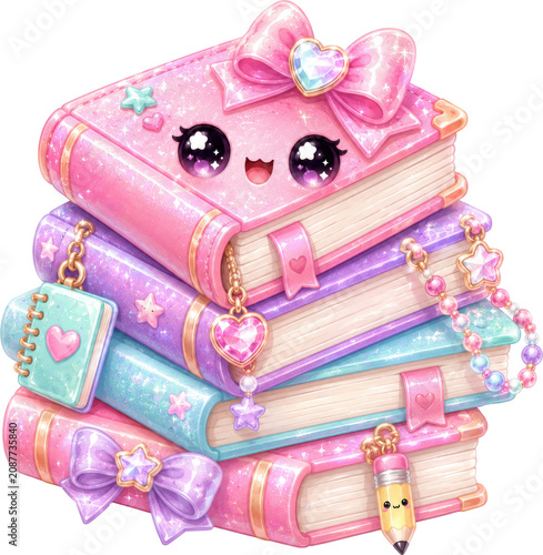 Stack of glittery kawaii books with bows and charms for back to school theme
