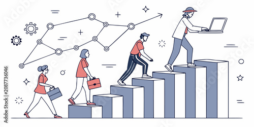Business professionals climb a staircase of success towards their career goals with digital growth charts in the background.