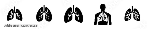 Lungs icon set. Collection of human respiratory system, lungs silhouette and torso anatomy black icons isolated on white background. Medical, healthcare, and pulmonology vector illustration.