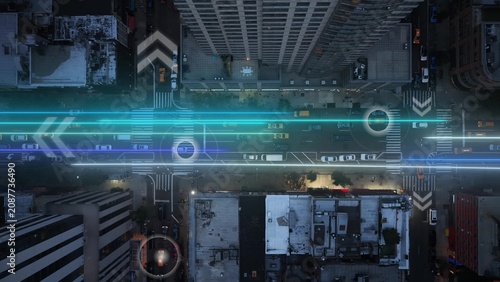 Fotografie AI Smart Traffic Automation System with Digital Data Graphic Overlay Above Urban American City Street