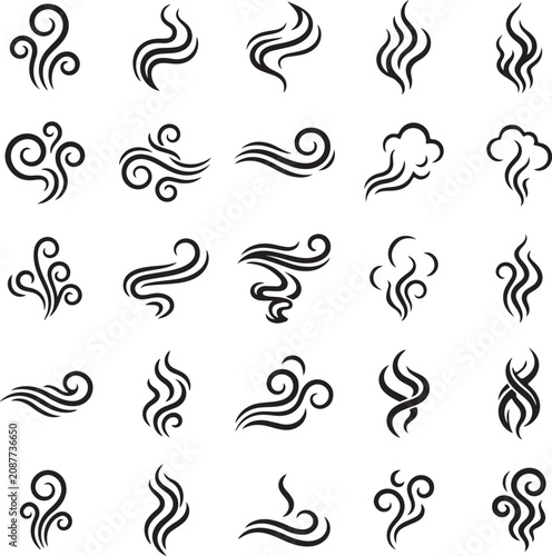 Minimalist steam and smoke icons set, 25 black line art vapor swirls, decorative wind and aroma scent trail vectors for food and beverage design