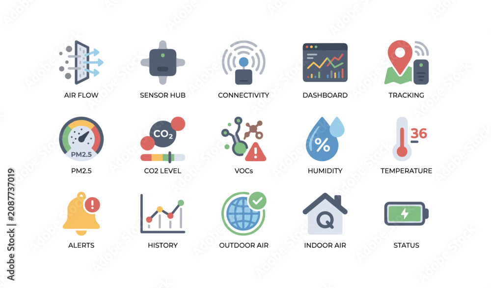Fototapeta premium Air quality and sensor icons arranged in grid on white background