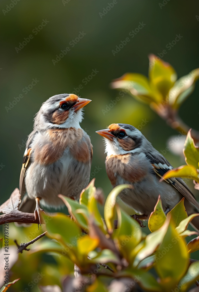 Fototapeta premium Two calm finches perched on leafy branch in nature