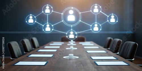 Empty conference room table with digital social network connection icons above it