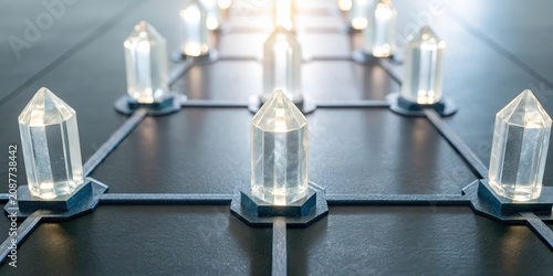 Futuristic circuit board with transparent crystal components and glowing light.