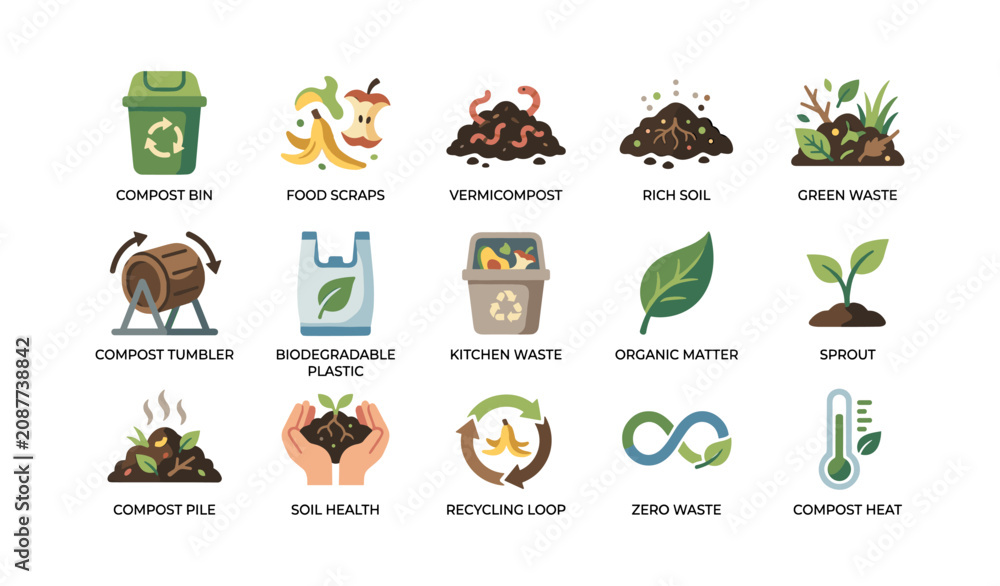 Fototapeta premium Compost and organic waste icons illustrating bin and soil concepts