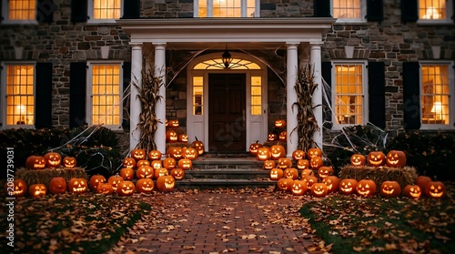 Spooky halloween porch with glowing jack o lanterns and fall decor