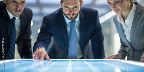 Three business professionals collaborating over a digital touchscreen table.