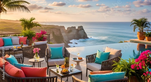 Luxury resort terrace overlooking the ocean at sunset with infinity pool and comfortable seating areas featuring vibrant tropical decor for vacation relaxation