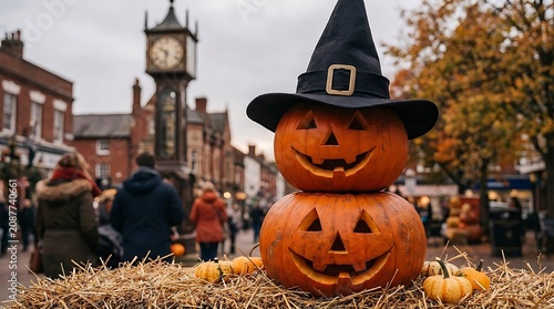 Halloween pumpkins in a witch hat on a hay bale