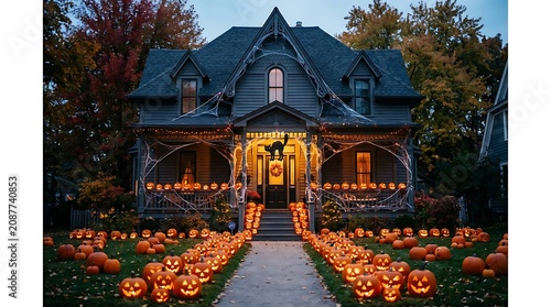 Festive halloween decorated victorian home exterior with illuminated jack o' lanterns