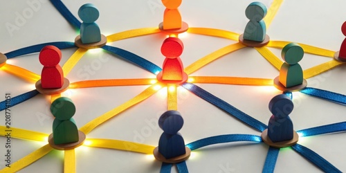 Wooden figurines connected by colorful strings representing networking and teamwork.