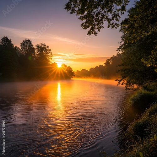 Golden sunrise over a tranquil river flowing through a misty forest with sun rays reflecting on the rippling water surface during a peaceful morning hour