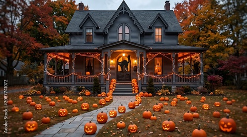 Victorian home decorated for halloween with jack o' lanterns and spooky details