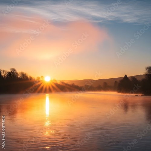 Golden sunrise over a calm river with morning mist and silhouetted trees casting a radiant reflection upon the still water surface in a peaceful nature scene