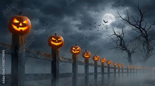 Halloween jack o' lanterns on fence with spooky tree and full moon