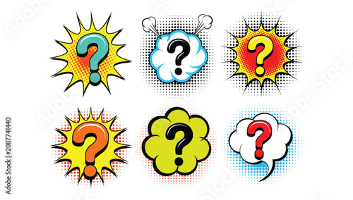 Photos Question Mark Collection: A set of colorful comic-style speech bubbles and bursts, each featuring a prominent question mark, symbolizing confusion, inquiry, and curiosity