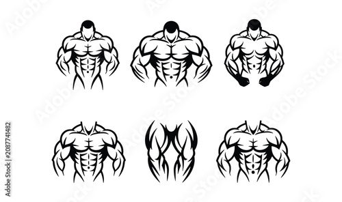 Schilderij op canvas Bodybuilder Silhouettes: A collection of stylized graphic illustrations depicting muscular male torsos, highlighting powerful physiques and athletic definition