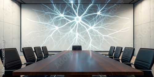 Modern conference room with neural network artwork on the wall behind chairs.