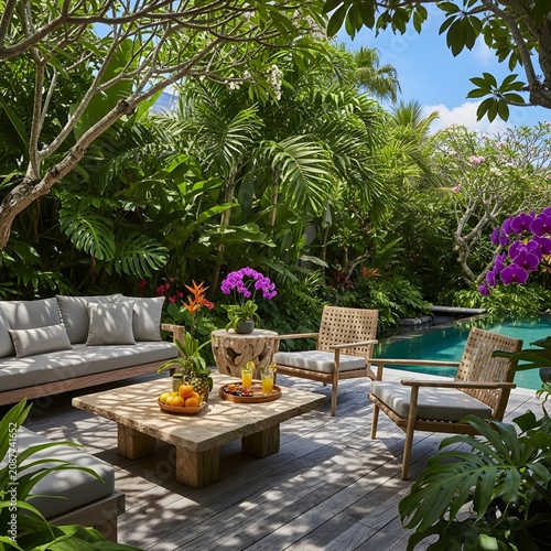 Serene tropical outdoor lounge setting beside a sparkling swimming pool surrounded by lush exotic foliage and vibrant blooming orchid plants