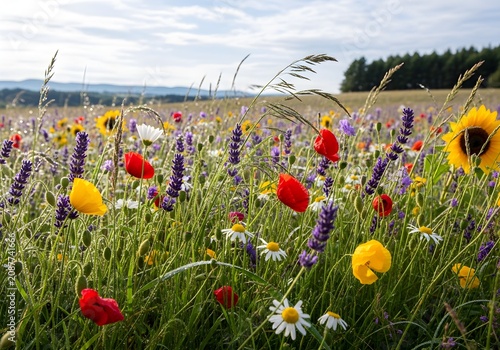 Vibrant wildflower meadow blooming under a soft morning sky with red poppies and purple lavender stalks swaying gently in the warm sunlight of summer