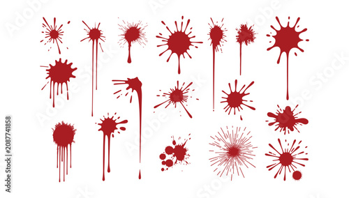 Photos Blood Splatter Collection: A graphic assortment of realistic red blood splatter and drip elements, perfect for creating dramatic or horror-themed designs