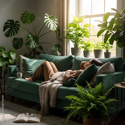 A peaceful young woman resting on a lush green sofa in a sunlit living room filled with vibrant indoor houseplants and a cozy knitted throw blanket