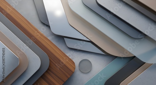 Abstract composition of layered architectural material samples featuring diverse textures and neutral color palette for modern interior design concept