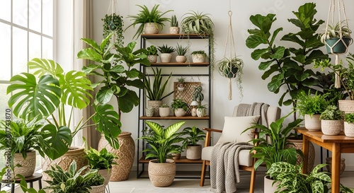 Sunlit living room filled with lush indoor potted plants and a cozy armchair for a relaxing botanical sanctuary interior design concept for home decor