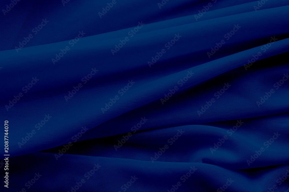 Obraz premium Background blue silk cloth wave abstract texture soft tablecloth cotton textile backdrop cosmetic beauty template presentation, silky velvet linen mockup cloth dress curtain backdrop